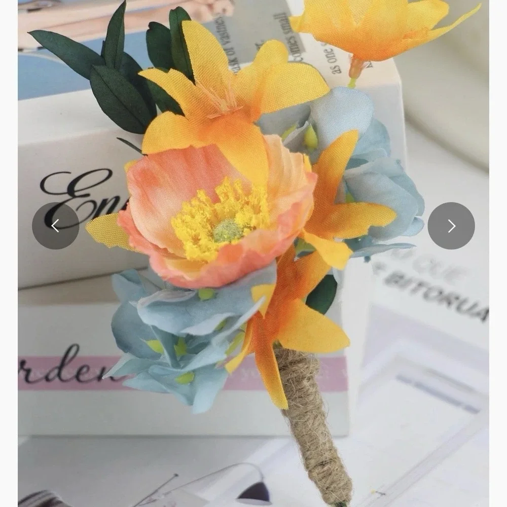 6 Pcs Apricot & Blue Boutonnieres